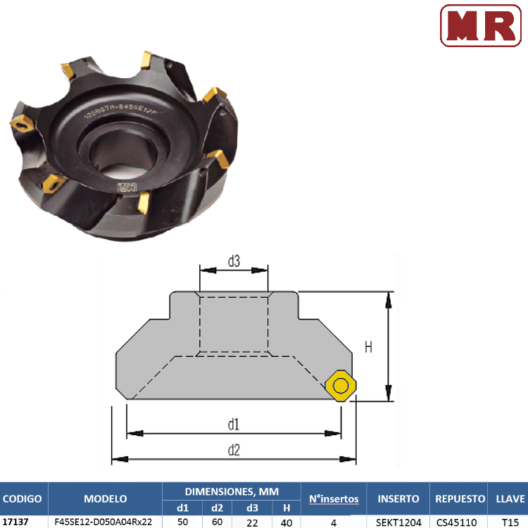 Fresa Frontal F45Se12-D050A04Rx22